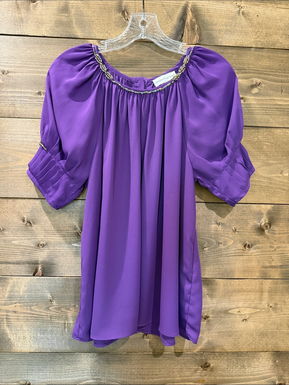 Gibson Leather Purple Beaded Neck Peasant Blouse